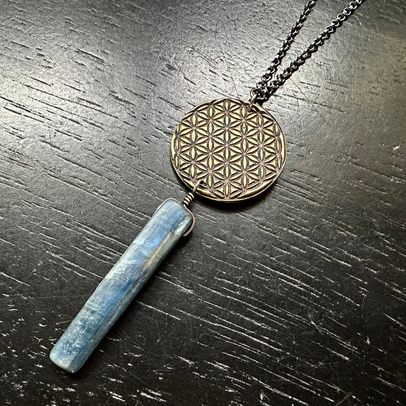 Flower of Life Pendant - Brass suspending Kyanite Crystal OOAK!