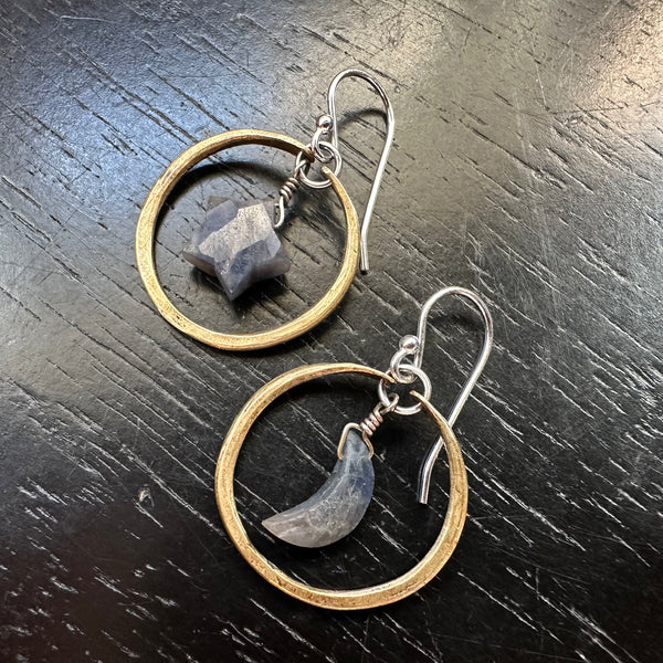 Tiny Brass Hoops with SAPPHIRE Moons + Stars! September Birthstones!