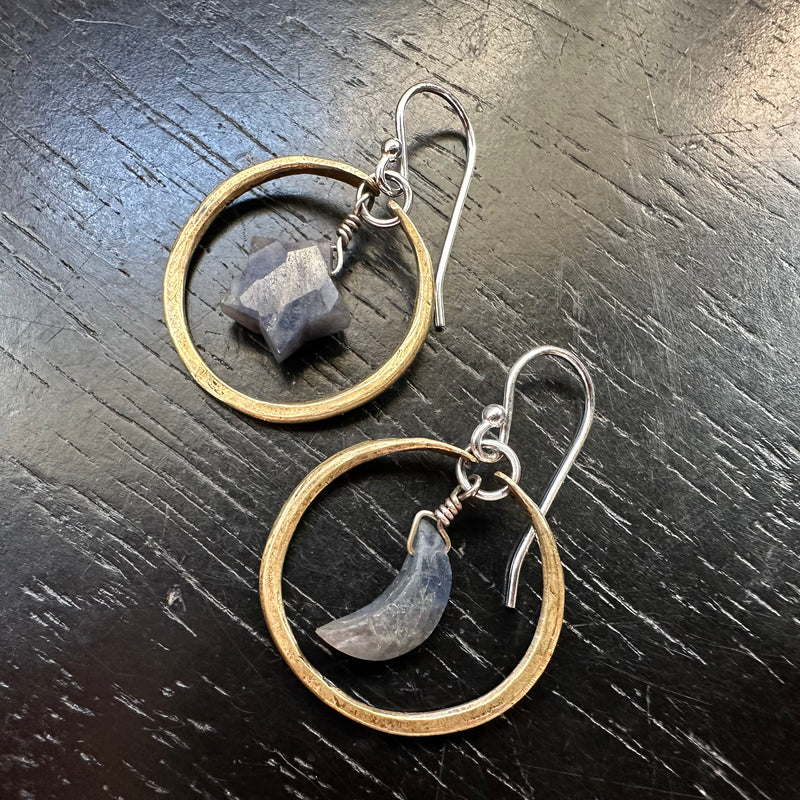 Tiny Brass Hoops with SAPPHIRE Moons + Stars! September Birthstones!