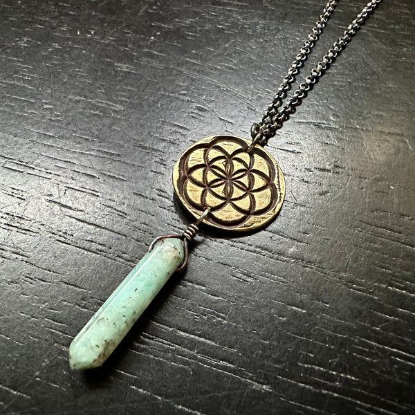 Seed of Life Pendant- Brass suspending Amazonite Crystal OOAK!