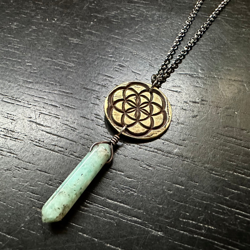 Seed of Life Pendant- Brass suspending Amazonite Crystal OOAK!