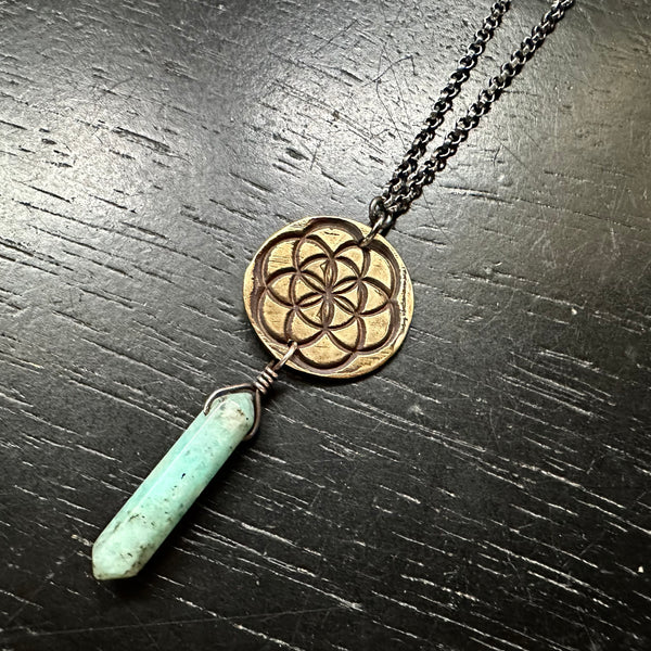 Seed of Life Pendant- Brass suspending Amazonite Crystal OOAK!