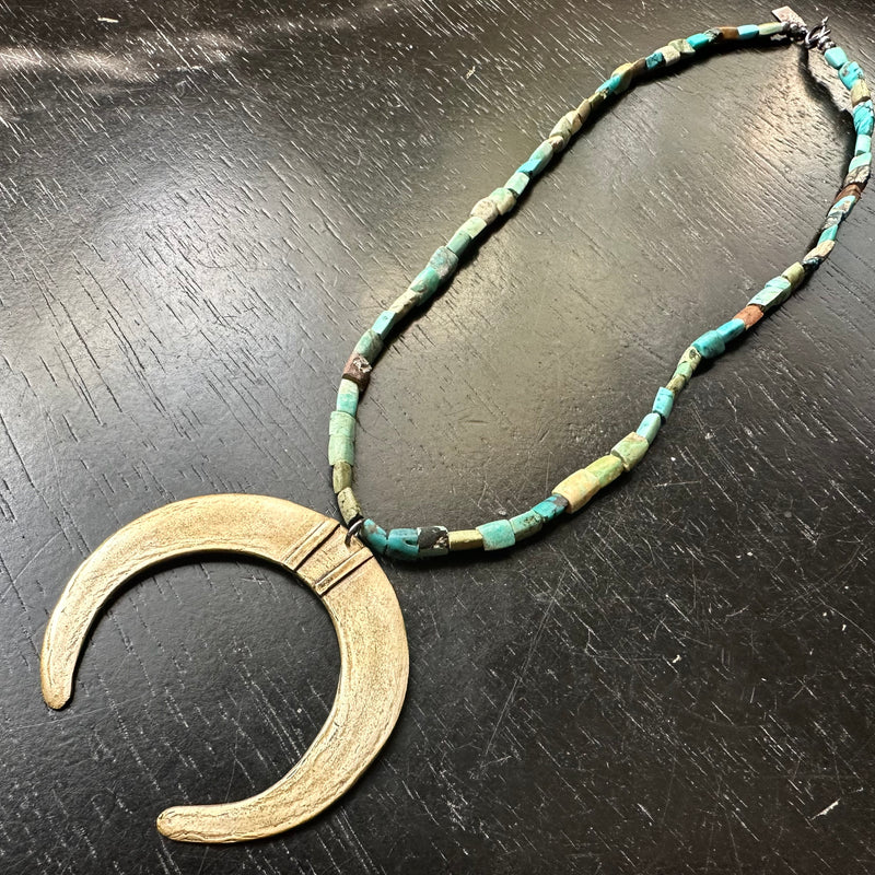 LAST ONE! Moon Tusk Pendant - Oxidized Brass on Afghani Turquoise Strand