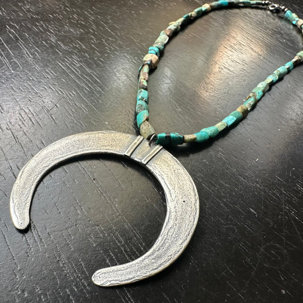 LAST ONE! Moon Tusk Pendant - Sterling Silver on Afghani Turquoise Strand