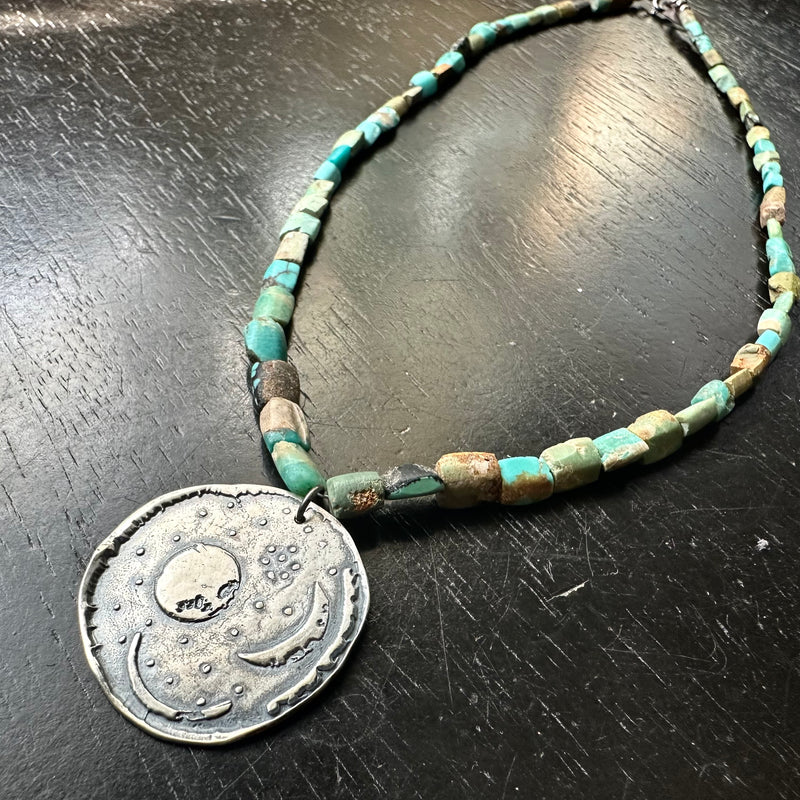 Nebra Sky Disc Pendant: Sterling Silver on Afghani Turquoise