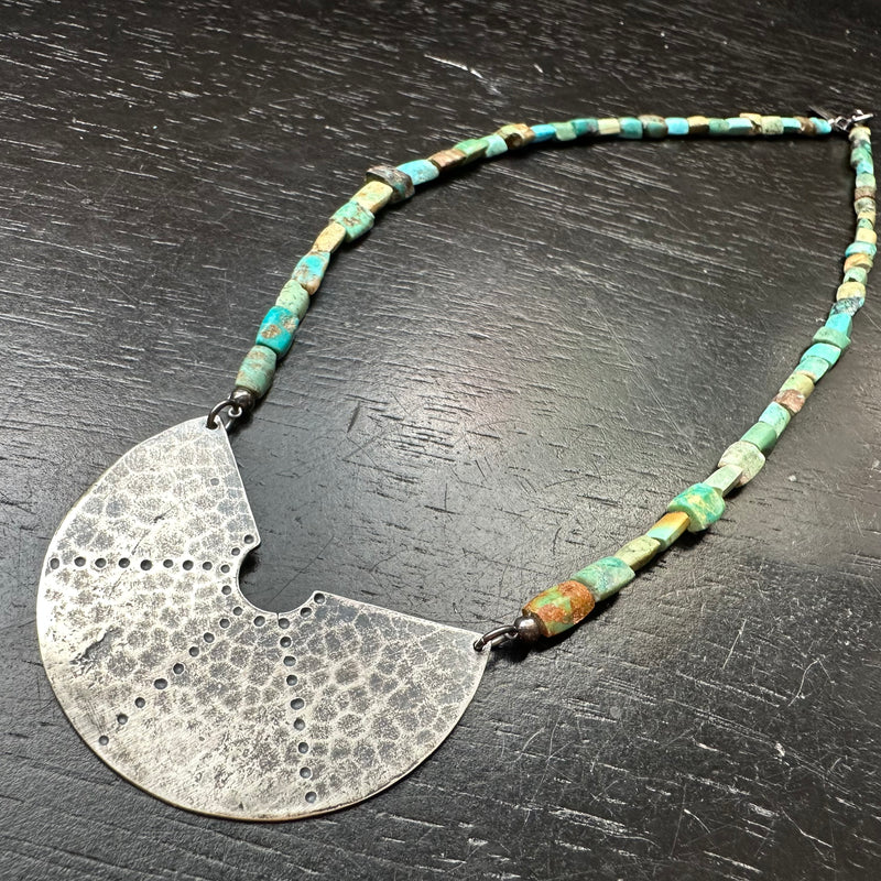 Stippled Collar in Sterling Silver on Afghani Turquoise Strand