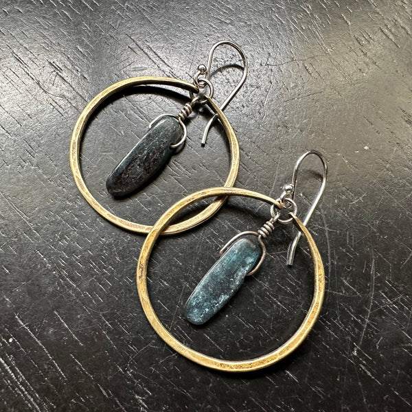 Kyanite Earrings in Small Brass Hoops
