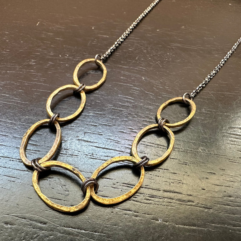 Chain Link Necklace in Oxidized BRASS: 7 Connected Links on Silver Chain