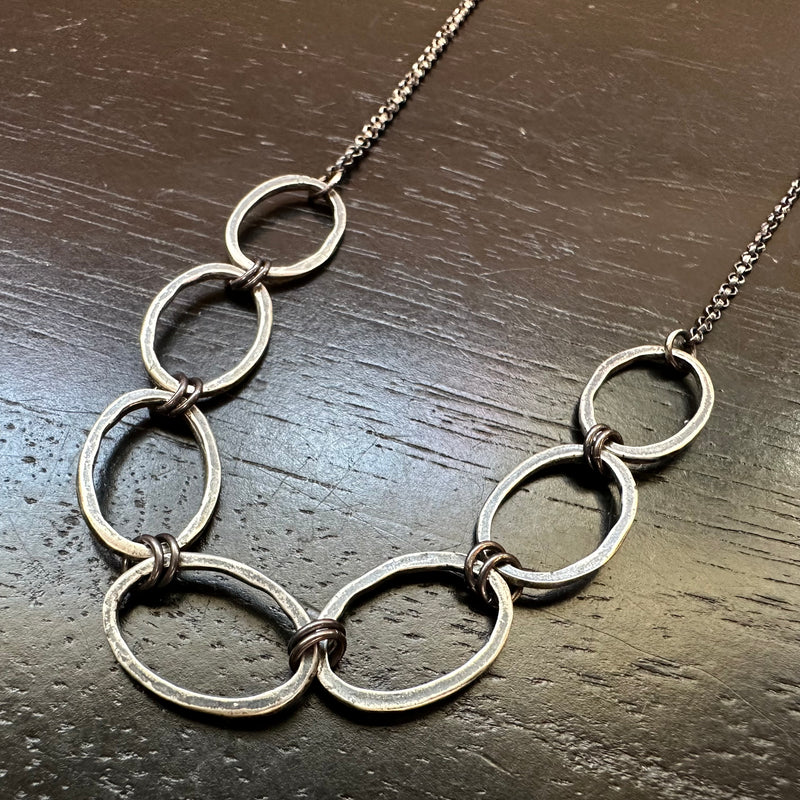 Chain Link Necklace in Oxidized STERLING SILVER: 7 Connected Links on Silver Chain