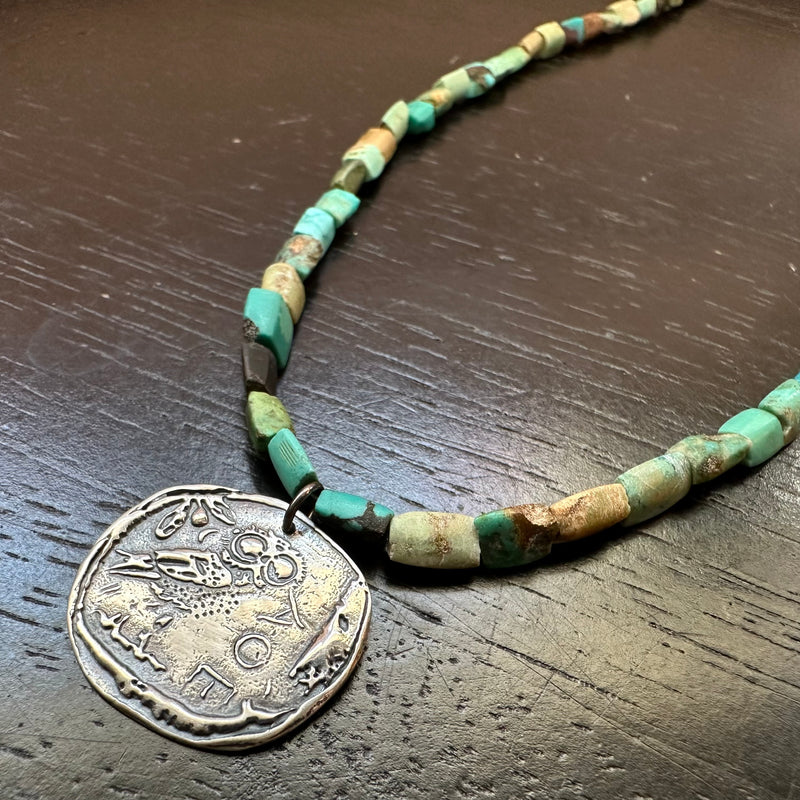 Athena's Owl Coin Pendant - Sterling on Afghani Turquoise