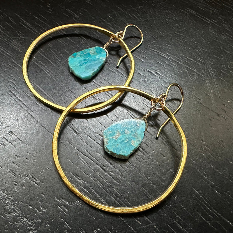 MEDIUM Gold Vermeil Hoops with Turquoise SLICES (DECEMBER BIRTHSTONE!)