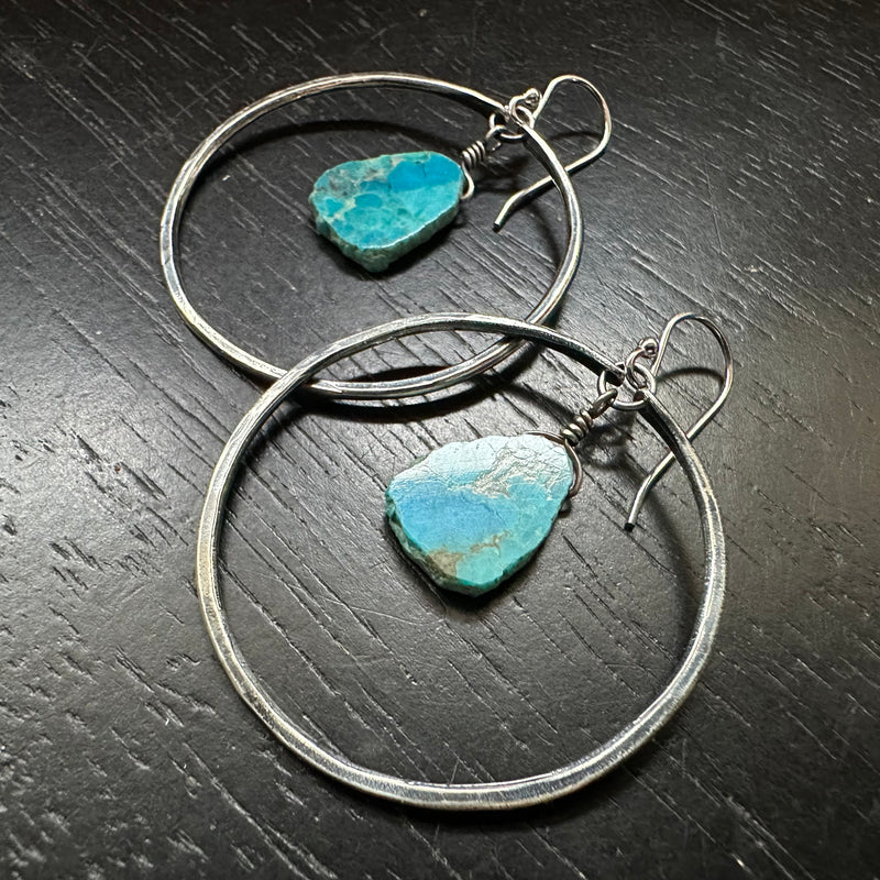 Medium Silver Hoops with Turquoise Slices (DECEMBER BIRTHSTONE)