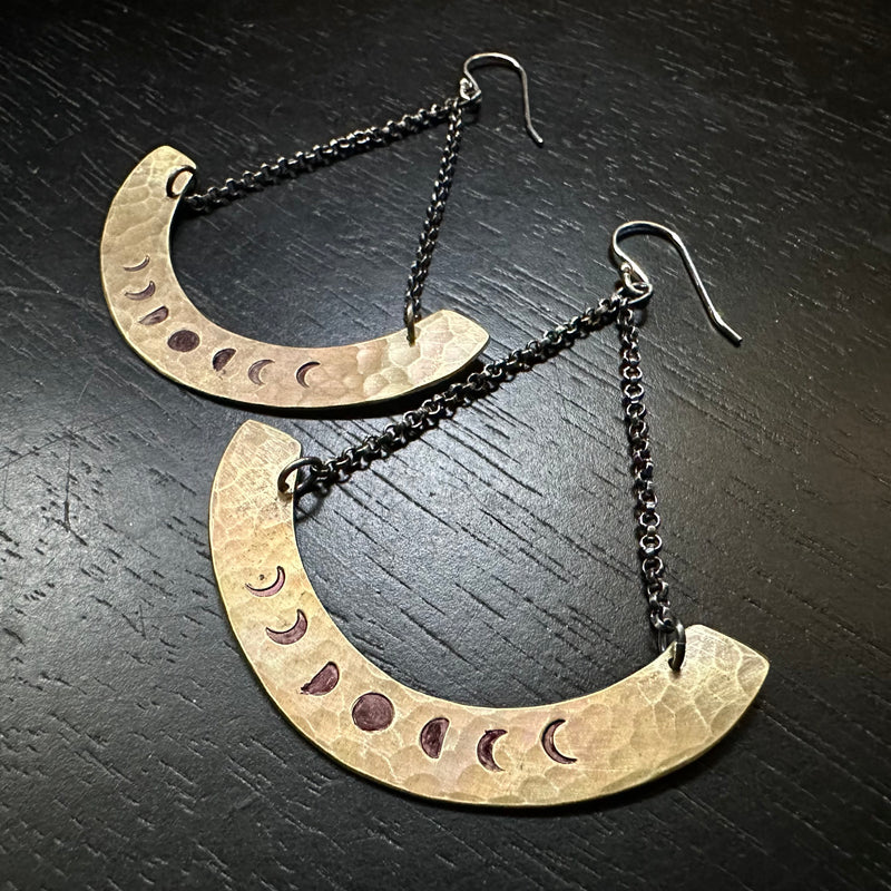 Phased Mezzaluna Earrings with Brass "Blades" and Silver Chains