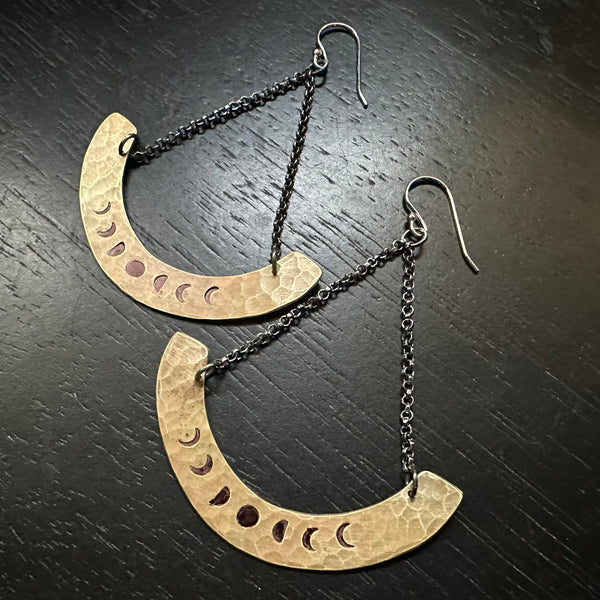 Phased Mezzaluna Earrings with Brass "Blades" and Silver Chains