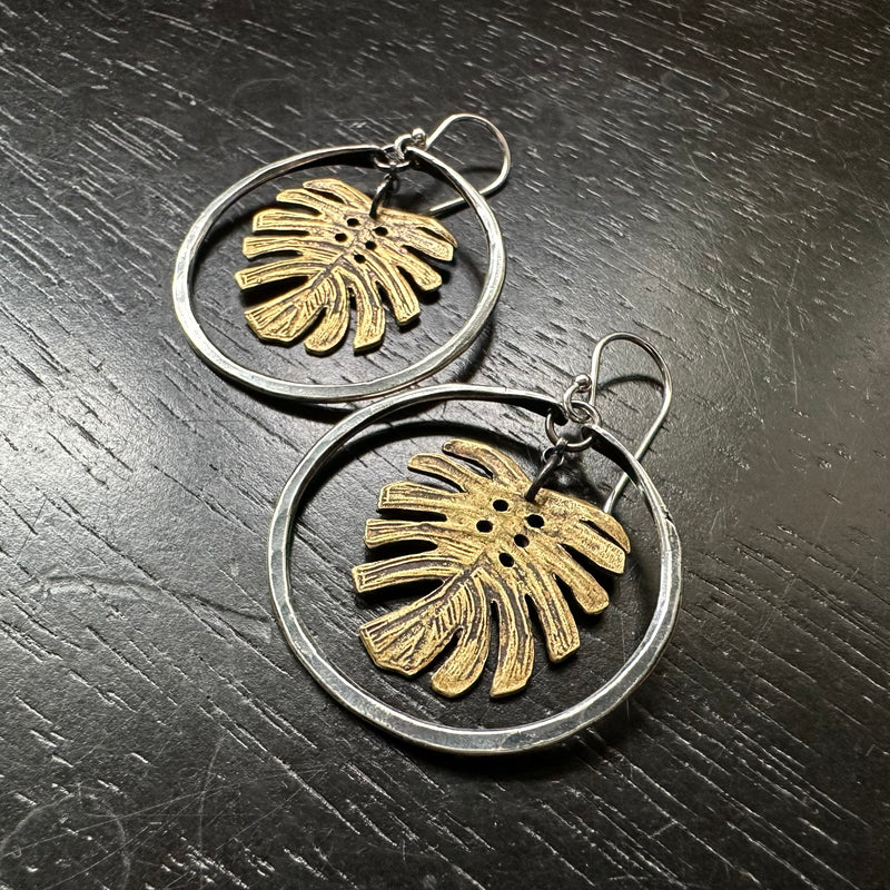 TINY BRASS MONSTERA LEAVES IN SILVER HOOPS - 2 SIZES