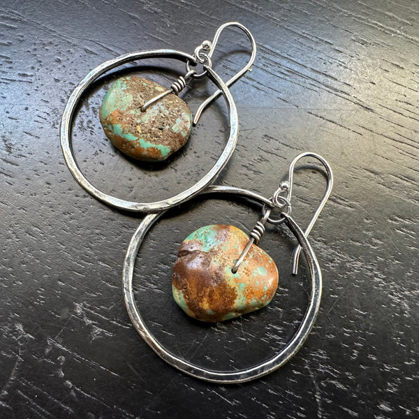 #7 EARTHY TURQUOISE DISCS in Small Silver Hoops OOAK#7