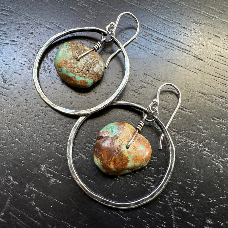 #7 EARTHY TURQUOISE DISCS in Small Silver Hoops OOAK#7