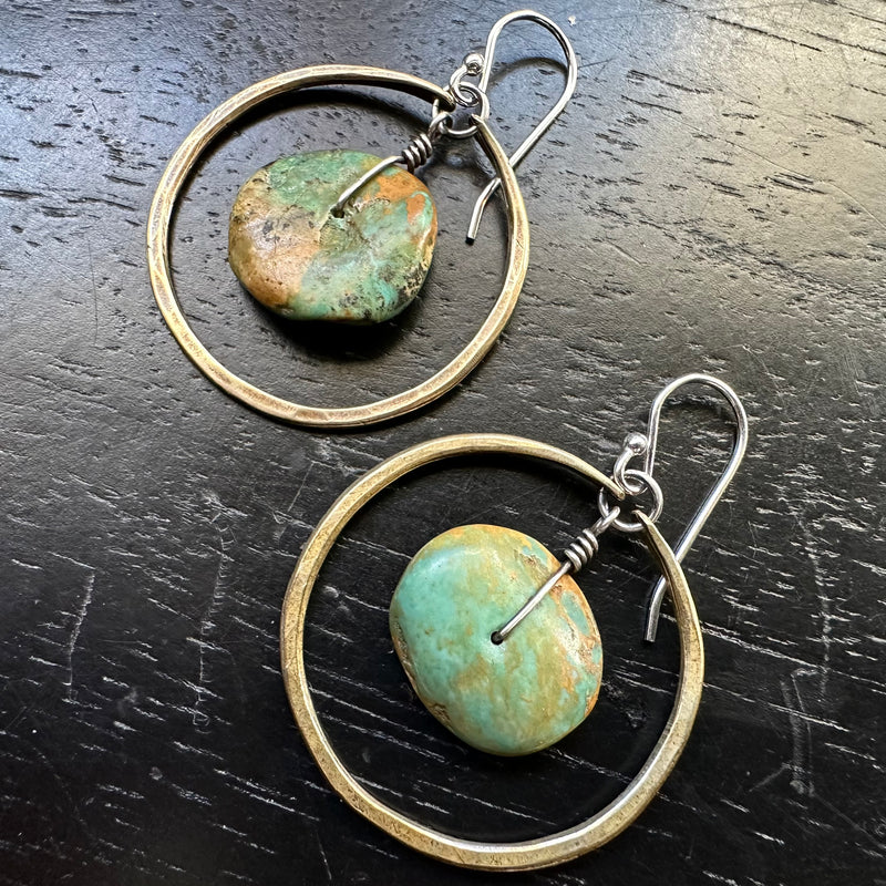 #9 EARTHY TURQUOISE DISCS in Small Brass Hoops OOAK#9