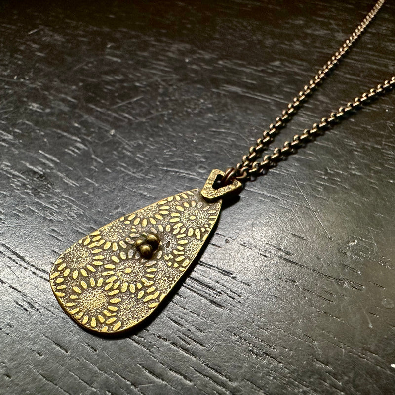 ORIJEN'S: BRASS FLORAL 3-DOT CLUSTER /FLORAL REVERSIBLE TAPER Medallion on Brass Necklace