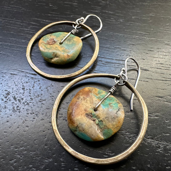 #10 EARTHY TURQUOISE DISCS in Small Brass Hoops OOAK#10