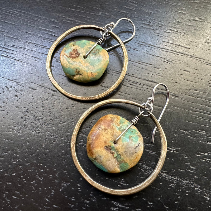 #10 EARTHY TURQUOISE DISCS in Small Brass Hoops OOAK#10