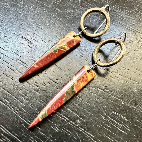 NEW! #2 Bookmatched Picasso Jasper dangles Tiny Brass Forged Rings, OOAK #2