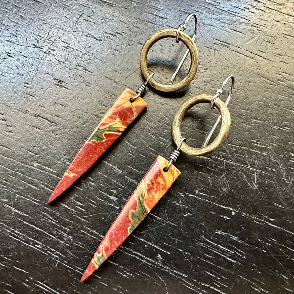 NEW! #2 Bookmatched Picasso Jasper dangles Tiny Brass Forged Rings, OOAK #2