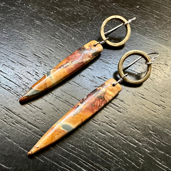 NEW! #3 Bookmatched Picasso Jasper dangles Tiny Brass Forged Rings, OOAK #3