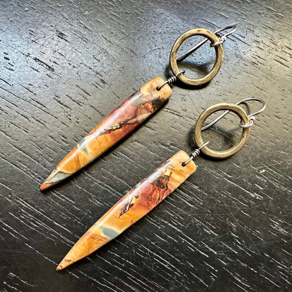 NEW! #3 Bookmatched Picasso Jasper dangles Tiny Brass Forged Rings, OOAK #3