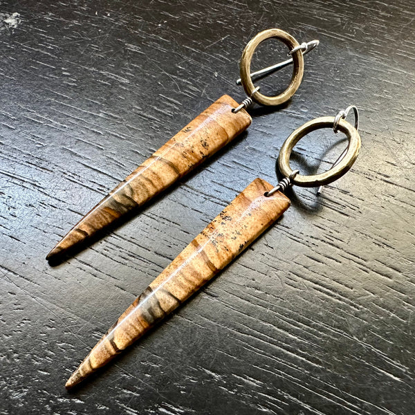 NEW! #1 Bookmatched Polychrome Jasper dangles Tiny Brass Forged Rings, OOAK #1