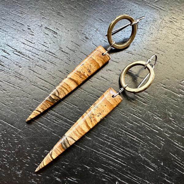 NEW! #1 Bookmatched Polychrome Jasper dangles Tiny Brass Forged Rings, OOAK #1