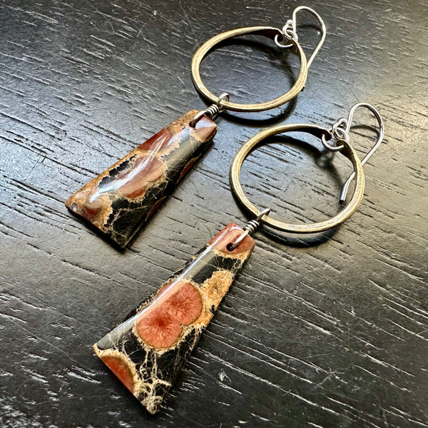 NEW! #5 Bookmatched Peanut Obsidian dangles Tiny Brass Hoops, OOAK #5