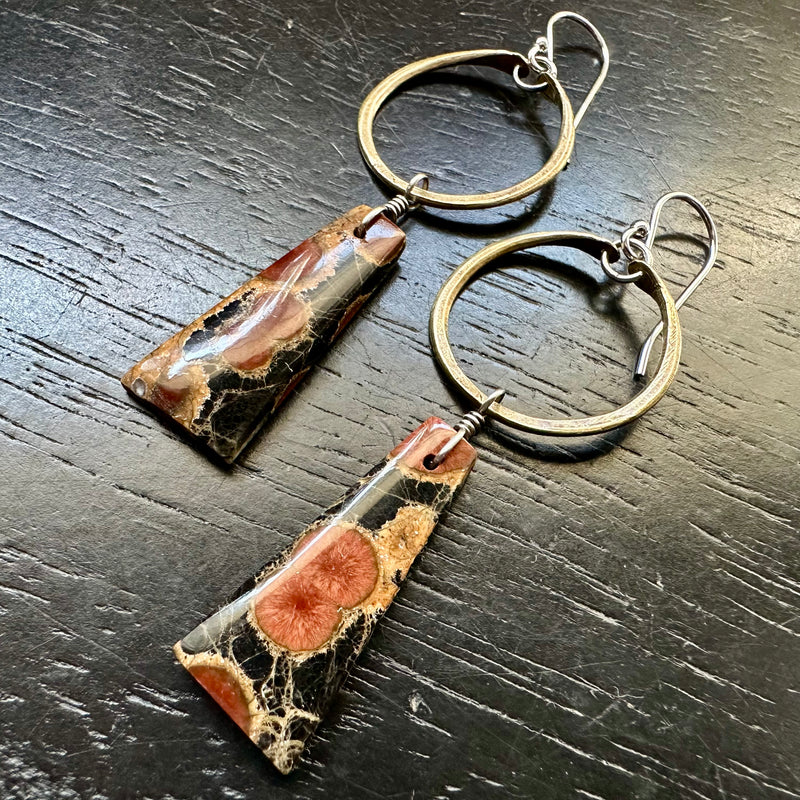 NEW! #5 Bookmatched Peanut Obsidian dangles Tiny Brass Hoops, OOAK #5