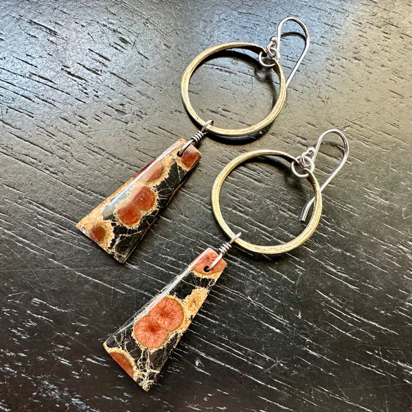 NEW! #5 Bookmatched Peanut Obsidian dangles Tiny Brass Hoops, OOAK #5