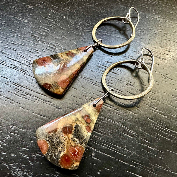 NEW! #6 Bookmatched Peanut Obsidian dangles Tiny Brass Hoops, OOAK #6
