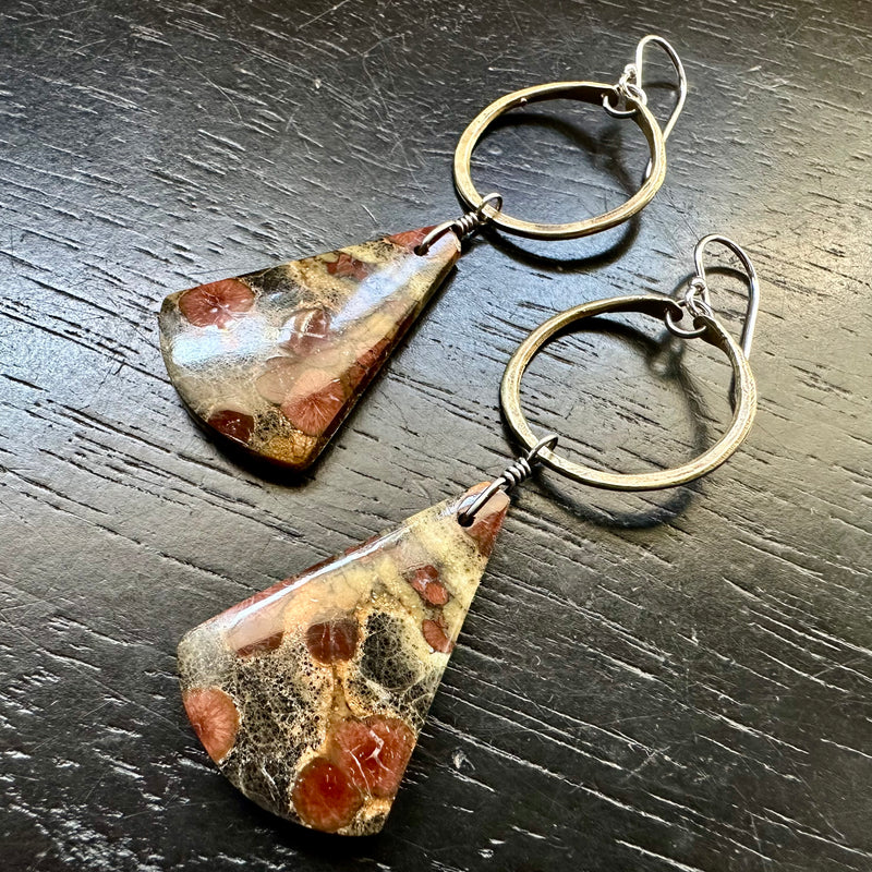 NEW! #6 Bookmatched Peanut Obsidian dangles Tiny Brass Hoops, OOAK #6