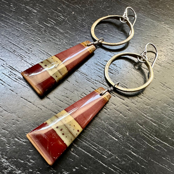 NEW! #4 Bookmatched Polychrome Jasper dangles Tiny Brass Hoops, OOAK #4