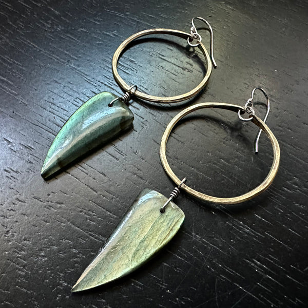 Labradorite Fangs - Small Brass Hoops