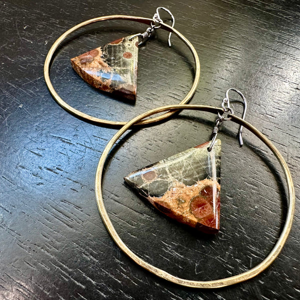NEW! #8 Bookmatched Peanut Obsidian Triangle-dangles Large Brass Hoops, OOAK #8