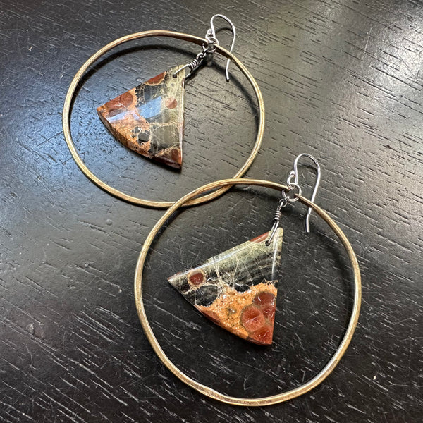 NEW! #8 Bookmatched Peanut Obsidian Triangle-dangles Large Brass Hoops, OOAK #8