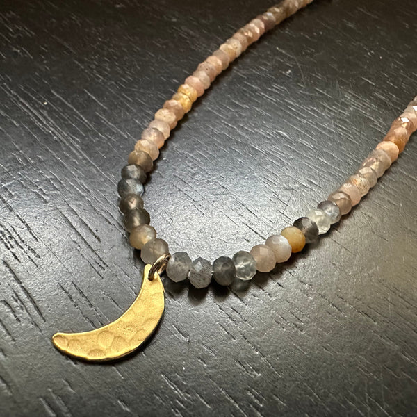 Tiny Gold Crescent Moon Necklace with Peach Moonstone