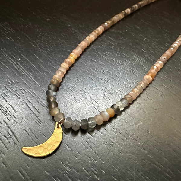 Tiny Gold Crescent Moon Necklace with Peach Moonstone