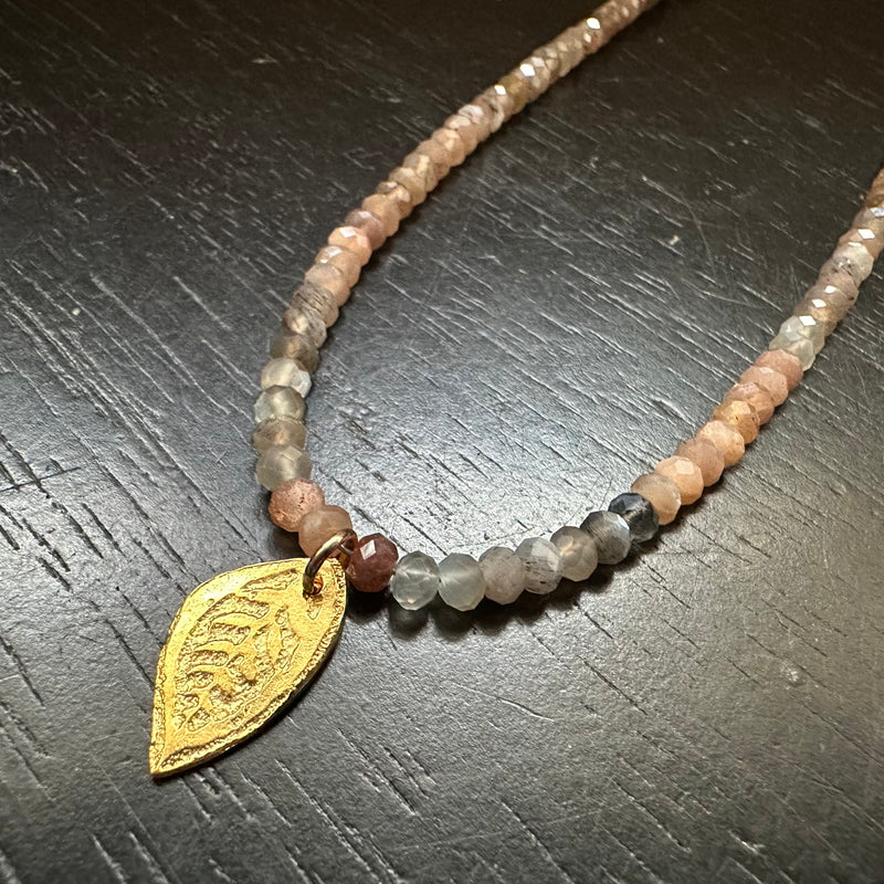 Tiny Gold Leaf Necklace with Peach Moonstone