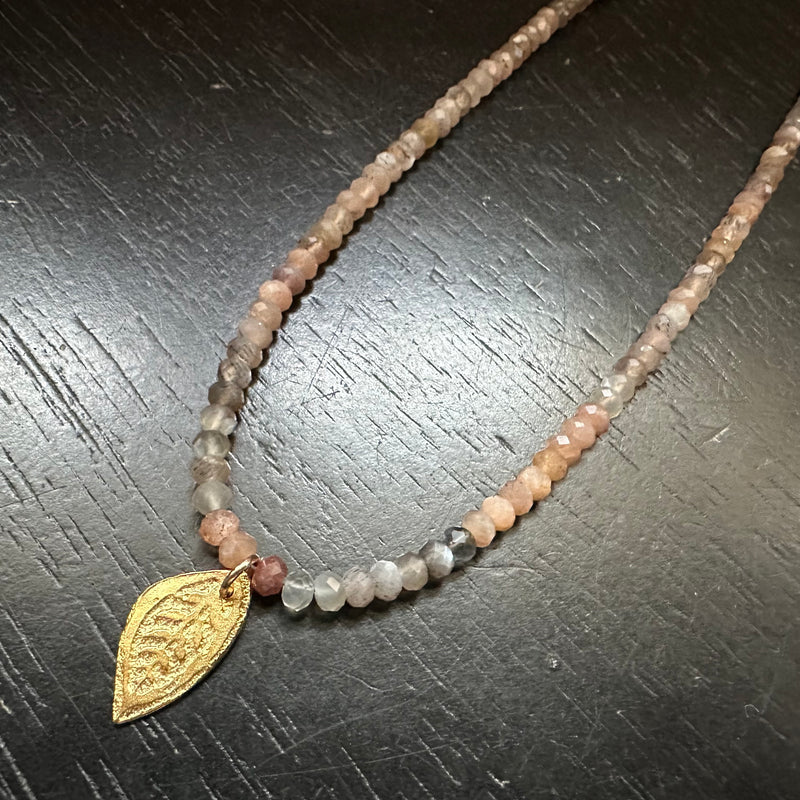 Tiny Gold Leaf Necklace with Peach Moonstone