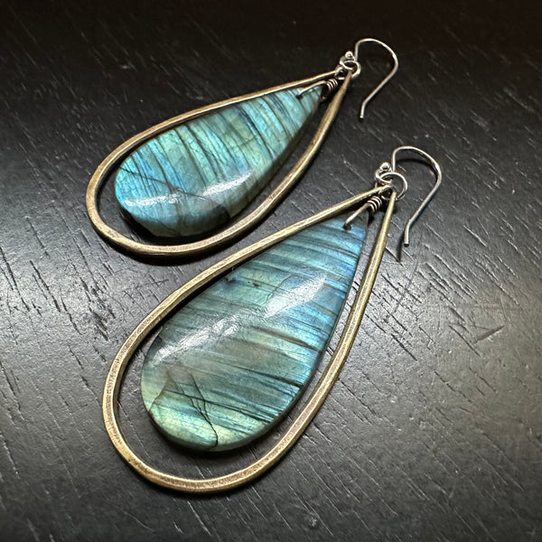 #4 SMOOTH Labradorite Teardrops in Medium Brass Teardrop Hoops! OOAK #4