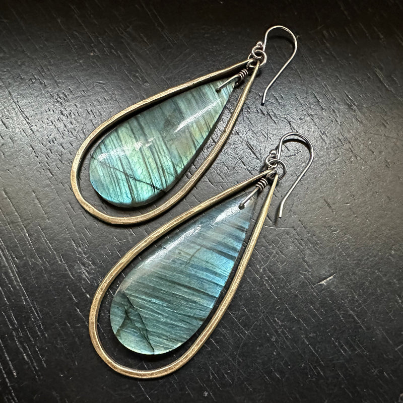 #4 SMOOTH Labradorite Teardrops in Medium Brass Teardrop Hoops! OOAK #4