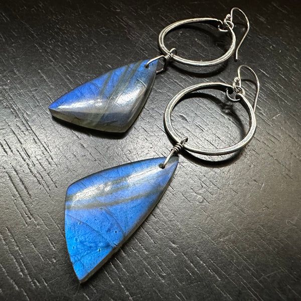 #1 Labradorite Super Blue Triangle Dangles from Tiny Silver Hoops