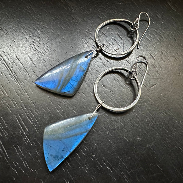 #1 Labradorite Super Blue Triangle Dangles from Tiny Silver Hoops