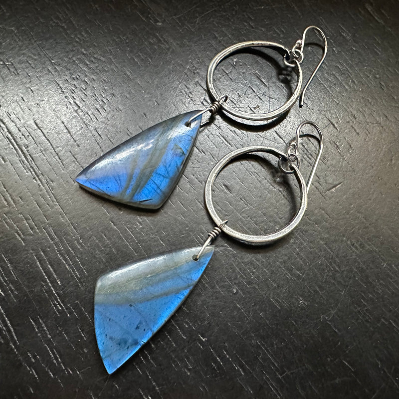 #1 Labradorite Super Blue Triangle Dangles from Tiny Silver Hoops