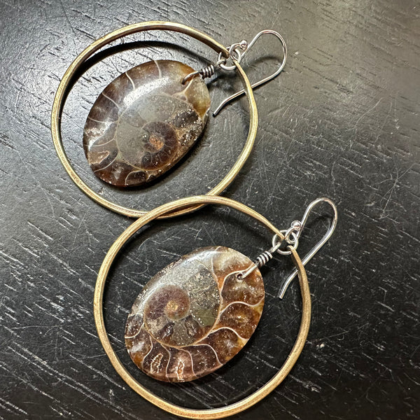 NEW! #1 Bookmatched AMMONITES in MEDIUM BRASS HOOPS, OOAK #1